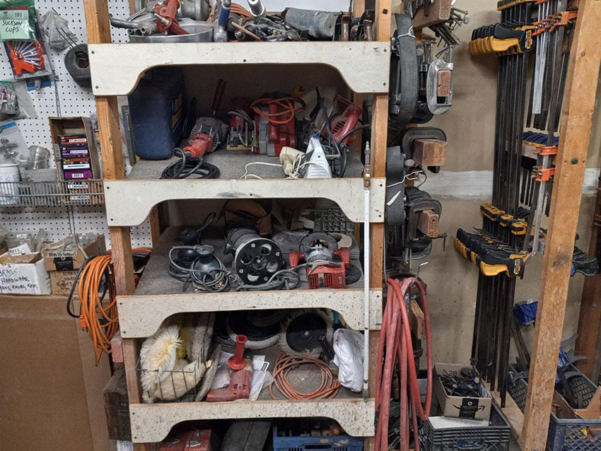 Various hand power tools, belt sander, hand pneumatic drum sander, disc sander, drills, jig saw, sawzall, routers, and buffers. As well as various wood clamps.