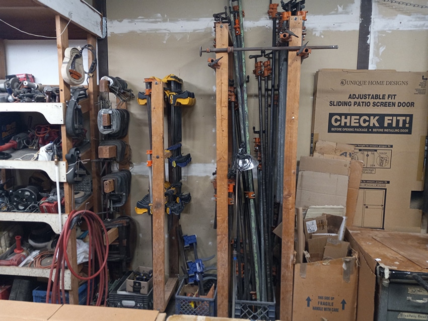 Various wood clamps, bar and pipe clamps, and c, f, clamps. Deep throat c clamps, band clamps, wooden hand screw clamps, and corner clamps.