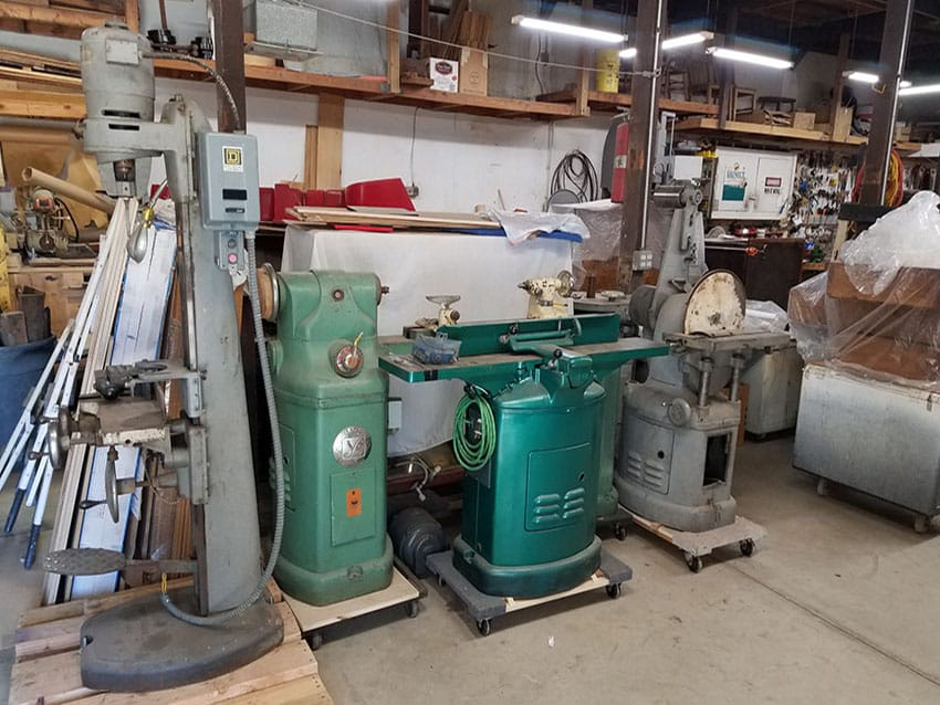 1958 Yates American wood working machinery. From left to right: J-140 mortiser, J-170 lathe, J-138 jointer, J-147 belt disc sander. I am in the process of restoring this machinery for my wood working.