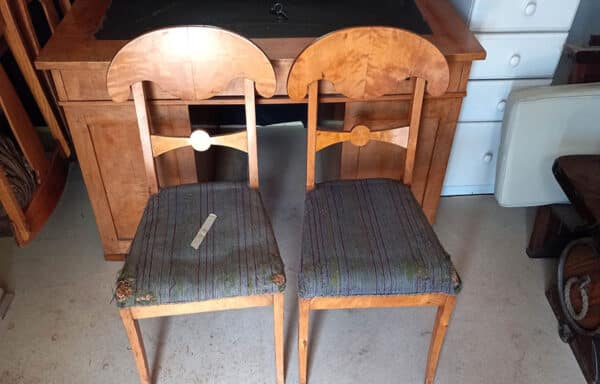 Biedermeier Set of Two Chairs, Circa 1830  Original Biedermeier Chairs, Neoclassical style and made of birch wood. These chairs are in great condition although they have some wear and tear from age.